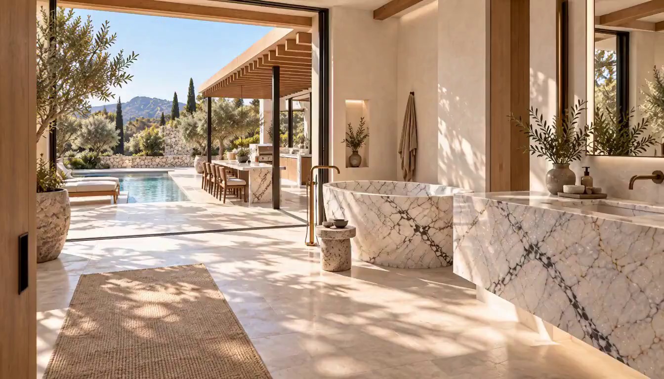 Sculptural marble bath and vanity beside an open courtyard