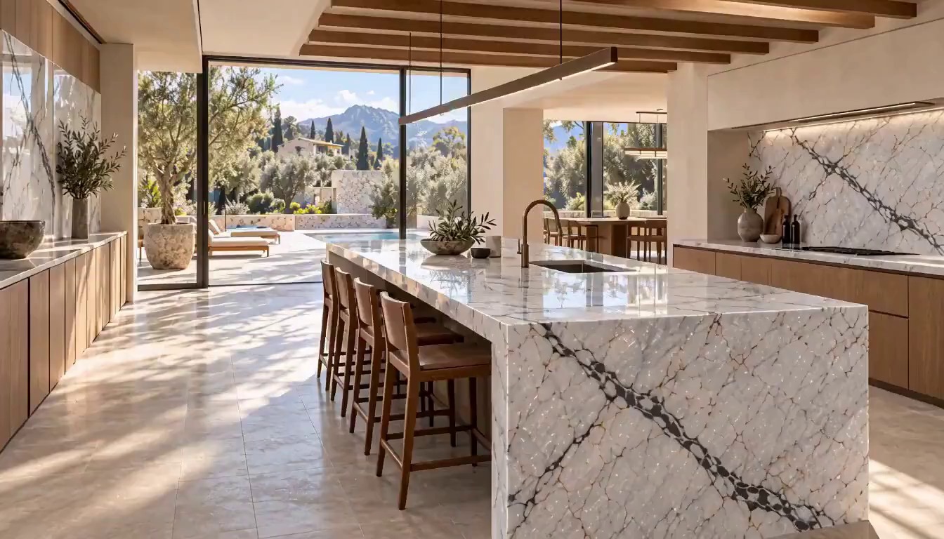 Veined marble kitchen island with a waterfall end and matching wall